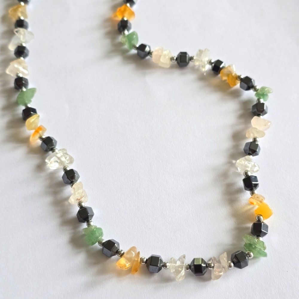 Handmade gemstone necklace beaded yellow green grey gray silver tone clear